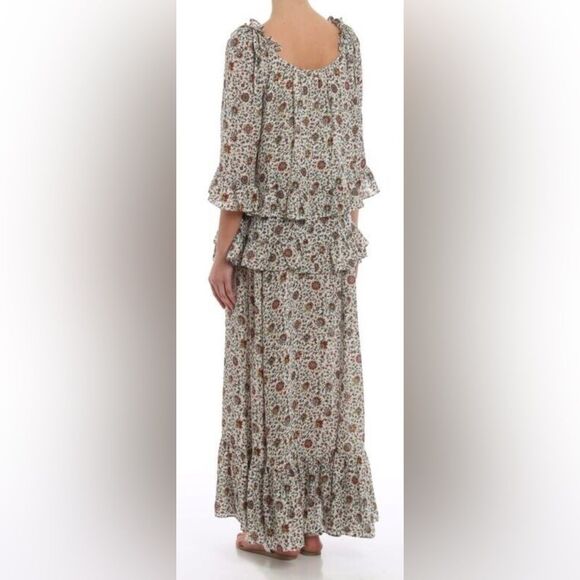 TORY BURCH Ivory Paisley Printed Ruffle Maxi Long Silk Dress 3/4 Sleeves NWOT - Picture 2 of 9